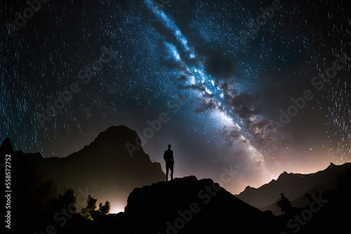 silhouette of a standing guy on doi luang chiang dao against a background of the milky way and stars. Generative AI