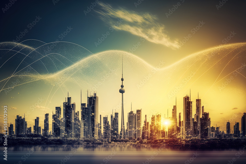Network connection concept using a double exposed photograph of a current city skyline and a futuristic city tower. Generative AI