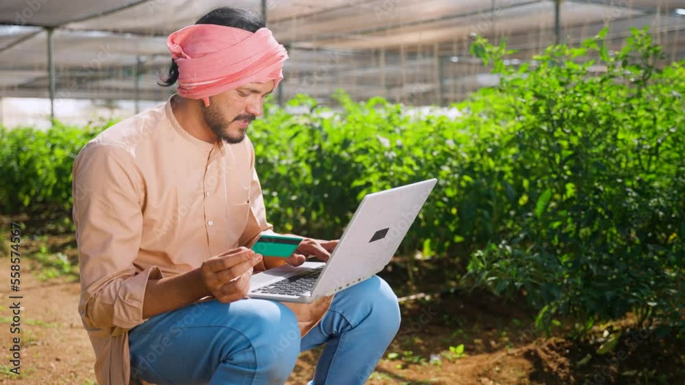 farmer busy making online payment using credit card on laptop while sitting at greenhouse - concept of secure online transaction, e-commerce and modern farmer farmer busy making online payment using credit card on laptop while sitting at greenhouse - concept of secure online transaction, e-commerce and modern farmer