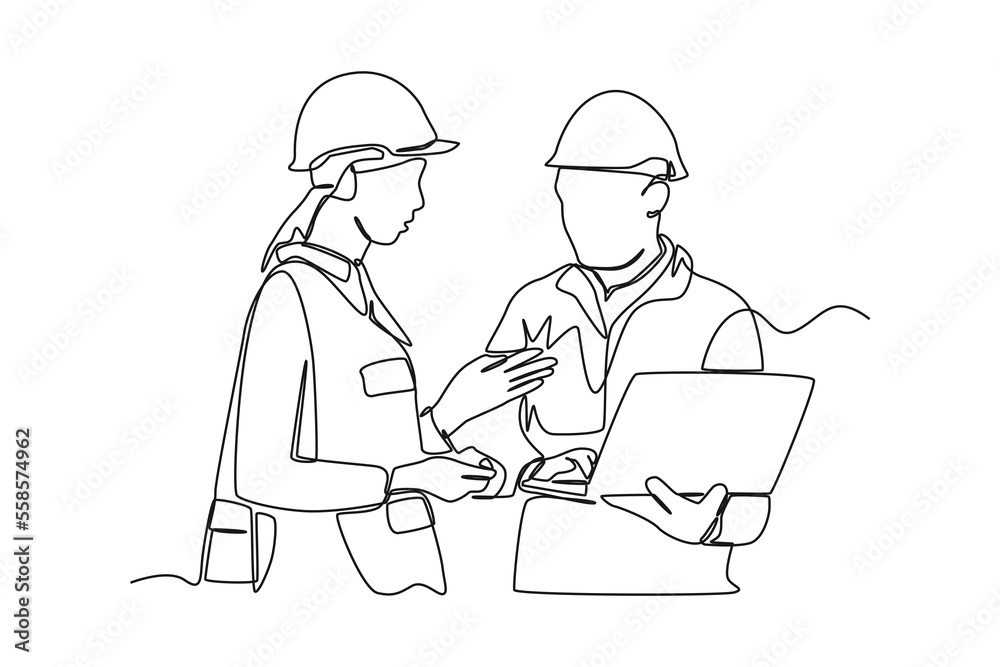 Single one line drawing worker staff discussing and checking shipping order on laptop. Supply chain management concept. Continuous line draw design graphic vector illustration. Single one line drawing worker staff discussing and checking shipping order on laptop. Supply chain management concept. Continuous line draw design graphic vector illustration.