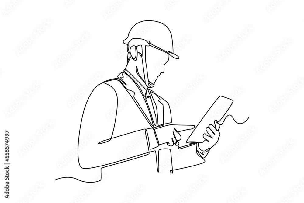 Single one line drawing foreman using tablet check and control stock in warehouse. Supply chain management concept. Continuous line draw design graphic vector illustration. 