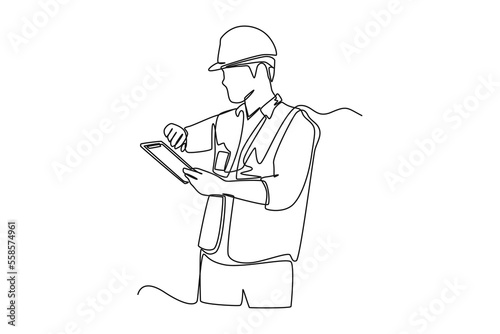 Single one line drawing Foreman check timing and using tablet control. Supply chain management concept. Continuous line draw design graphic vector illustration.