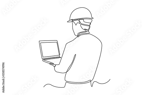 Single one line drawing foreman checking stock on tablet. Supply chain management concept. Continuous line draw design graphic vector illustration.
