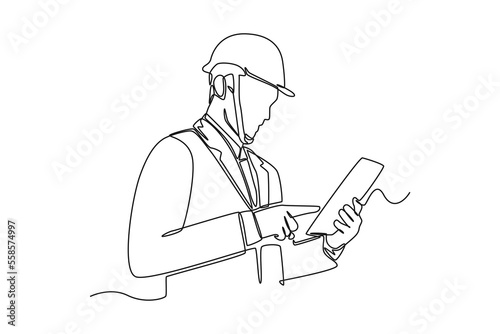 Single one line drawing foreman using tablet check and control stock in warehouse. Supply chain management concept. Continuous line draw design graphic vector illustration. 