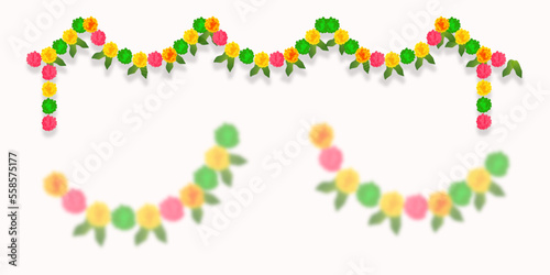 Traditional Indian floral garland of flowers and mango leaves. Decoration for Indian Hindu holidays or wedding. Vector illustration.