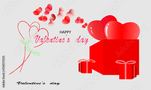 Red gift box background image with 2 big hearts in box for valentine's day, vector valentine's day gift box with many hearts and red flowers.