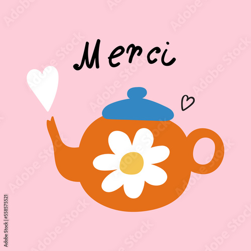 Cute teapot with phrase - Mersi, it's mean thank you on French. Hand drawn vector illustration on pink background. photo