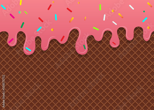 Strawberry ice cream and colorful toppings on waffle background Sweet Ice Cream Background Vector