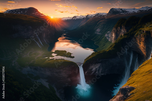 Beautiful summer sunset over the Sunnylvsfjorden fjord canyon in the western Norwegian hamlet of Geiranger. Aerial image of the renowned Seven Sisters waterfalls in the twilight. Background of the nat photo