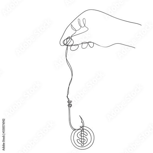 continuous line drawing coin on fishing hook illustration vector