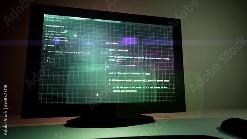 zoom out from programming monitor to working on keyboard writing code language animation 3d business