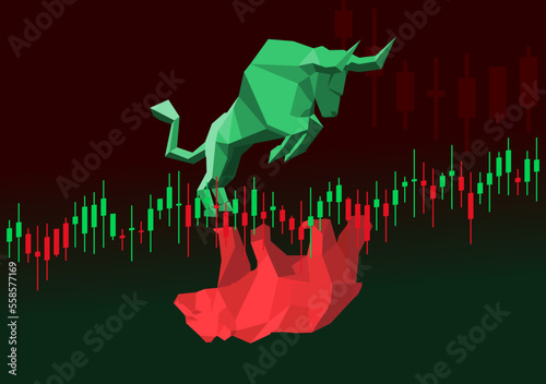 Bull vs bear struggle. Bullish and bearish market. Cryptocurrency or stock candlestick chart graphic illustration. Bulls fight bears. Vector poster.