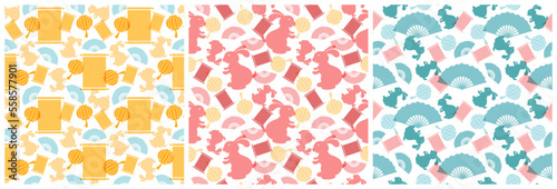 Set of Chinese Lunar New Year 2023 Day Seamless Pattern Decoration Template Hand Drawn Cartoon Flat Illustration