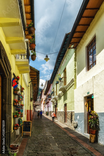 Calle La Ronda, typical colonial street in historic district, Quito, Ecuador
