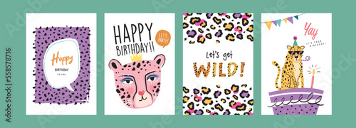 Set of birthday greeting cards with leopards, cake and leopard's pattern texture.