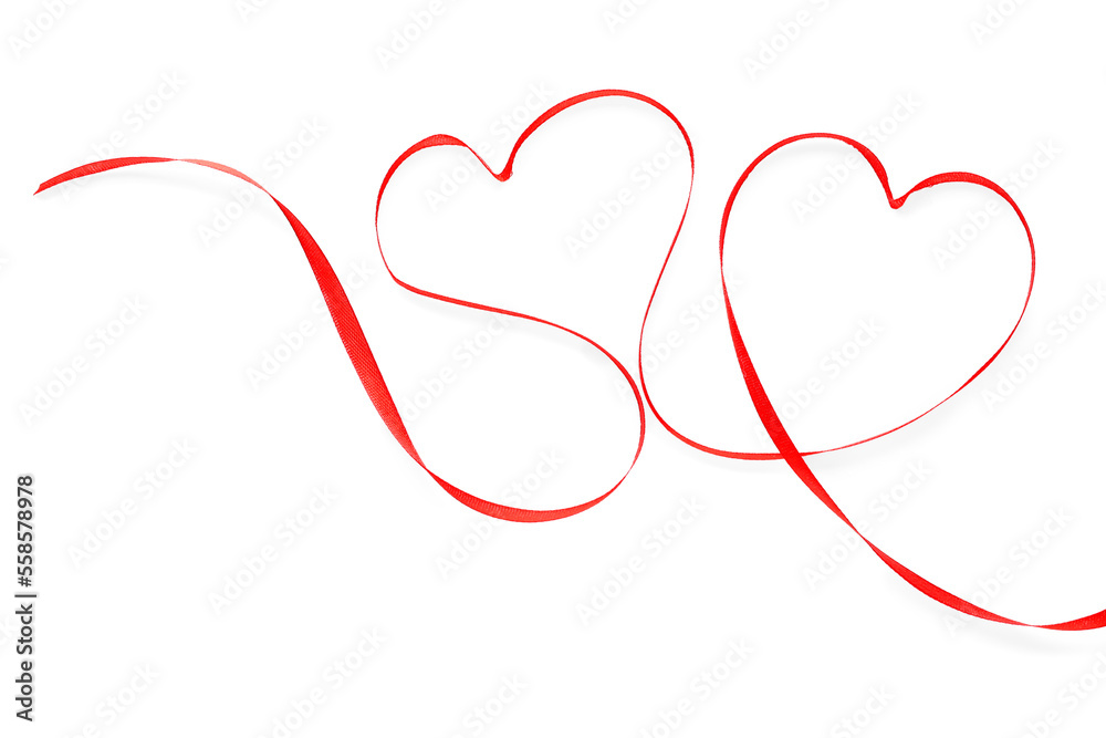 Hearts made of red ribbon on white background. Valentine's Day celebration