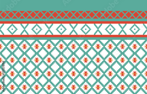 Geometric Aztec style with green and orange. Mosaic on the tile.  African Moroccan pattern. Ethnic carpet. Majolica. Ancient interior. Asian rug. Tribal vector ornament. textile native pattern fabric.