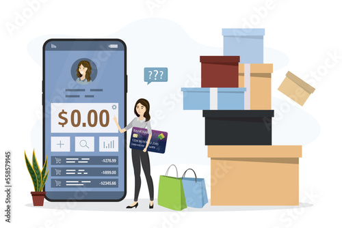 Shopaholism addiction. Caucasian woman holds credit card, very much boxes after shopping. Psychological problem. Bankruptcy, poverty, zero balance on mobile bank account.