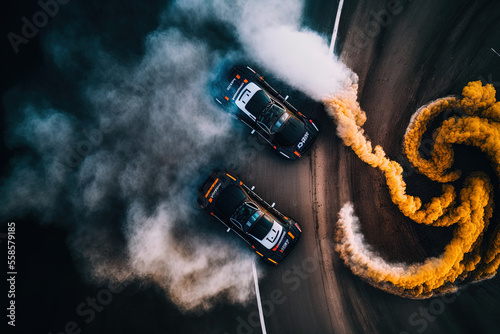 Two race cars competing in a drift war in this aerial top view shot on an asphalt race track. There is a lot of smoke from the burning tires. Generative AI