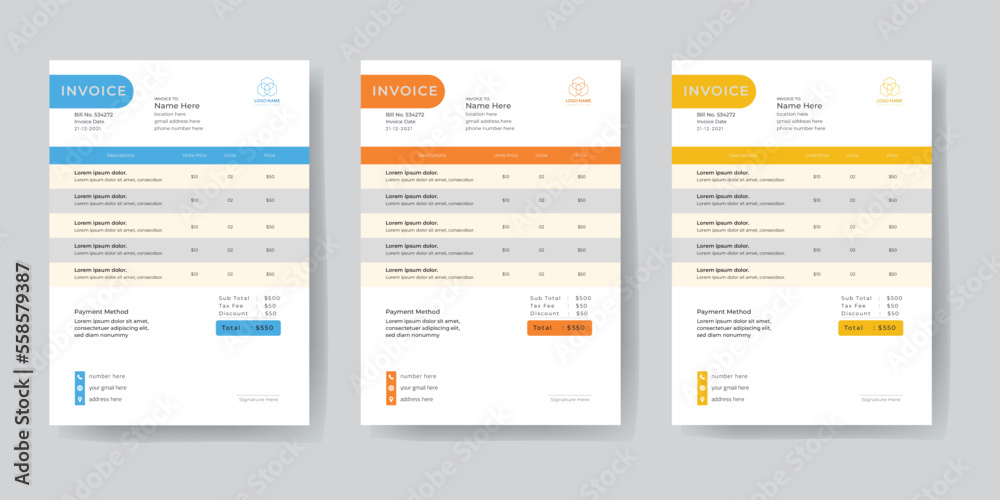 clean invoice template vector design. money bills or price invoices and payment agreement design templates. Bill form business invoice accounting.