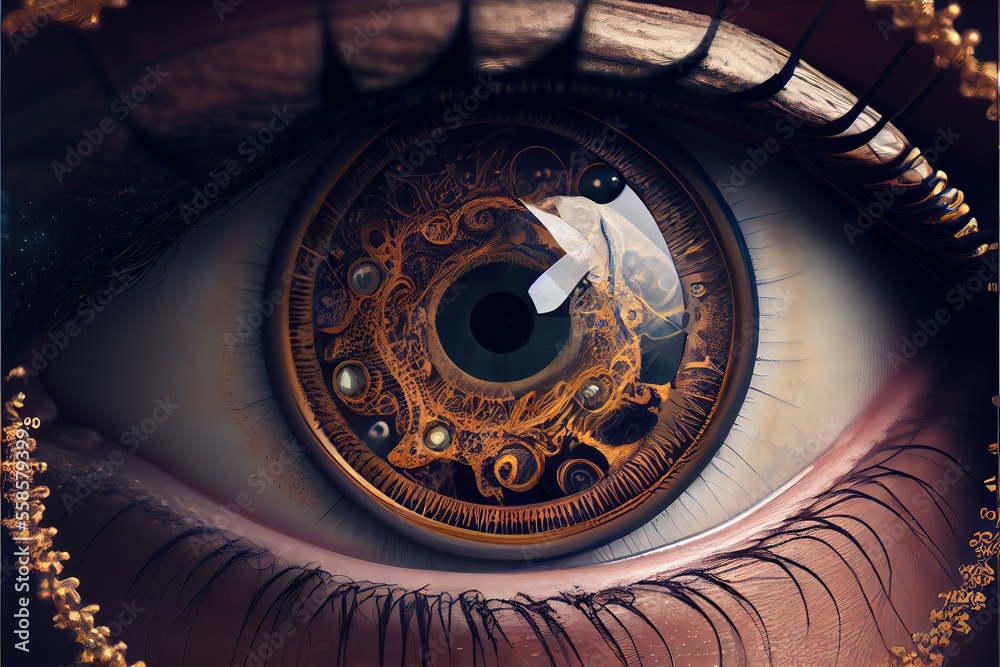 Generative AI illustration of clockwork in an eye, temporal vision, close focus