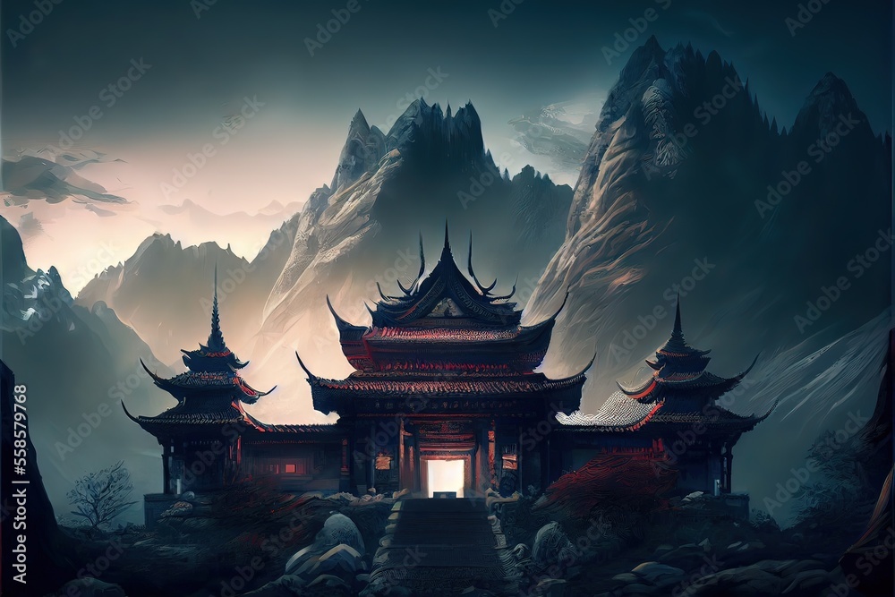 Generative AI illustration of Fantasy background with mysterious ancient Chinese temple in mountains. Digital artwork. Chinese style. Gaming and art concept. Generative AI illustration of Fantasy background with mysterious ancient Chinese temple in mountains. Digital artwork. Chinese style. Gaming and art concept.