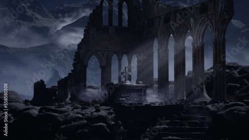 Gothic world after the apocalypse in a mountainous foggy area. Cinematic shooting. 3d render