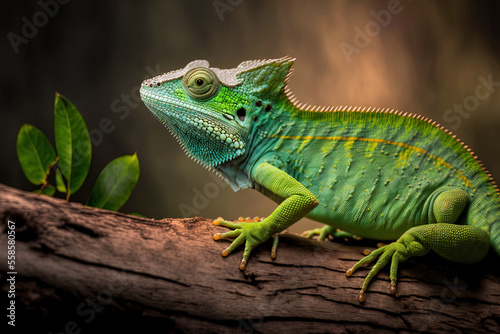 a green lizard perched on a branch a green lizard lounging on some wood Green lizards scale wood. Generative AI