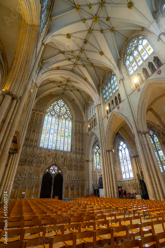 York Minster   Roman Catholic Gothic church and cathedral with stain glass window corridor and hall during winter at York   United Kingdom   2 March 2018