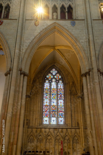 York Minster , Roman Catholic Gothic church and cathedral with stain glass window corridor and hall during winter at York , United Kingdom : 2 March 2018