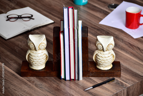 Canvas Print still life image of wooden bookend on the office table
