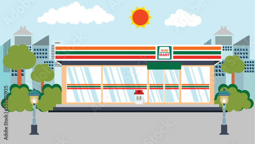 Minimart or Supermarket convenience store open 24 hours.city ​​background.vector template illustration.