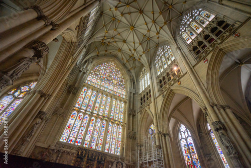 York Minster , Roman Catholic Gothic church and cathedral with stain glass window corridor and hall during winter at York , United Kingdom : 2 March 2018