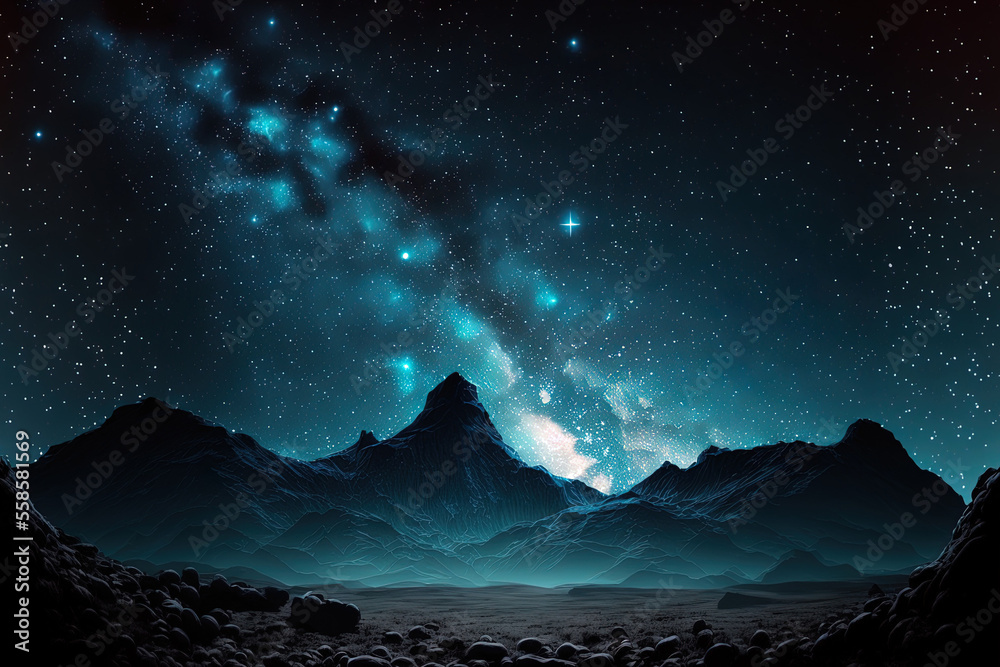 Background of the night sky with stars and mountains. Generative AI