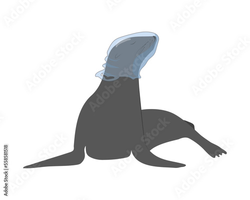 Seal suffering of being stuck in plastic garbage floating in the water. Reusable and recyclable packaging necessity awareness