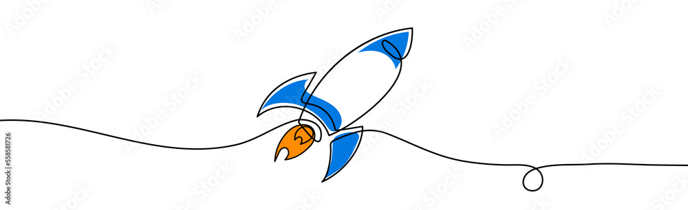 Fototapeta premium Rocket one line. Vector illustration continuous, simple retro spacecraft. Single line draw design vector illustration.