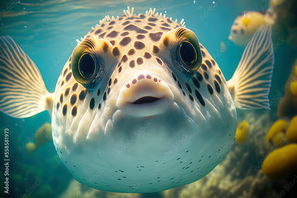 Cute puffer fish face up close and in the front view. Generative