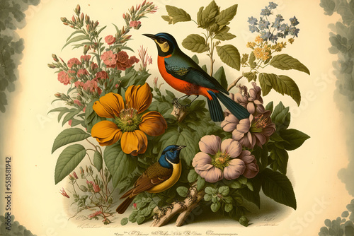 a vintage image of birds and flowers that was recreated using 18th century pieces of art from the Smithsonian collection. Generative AI photo