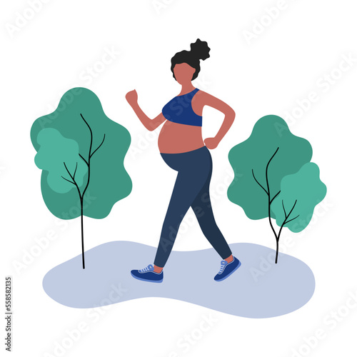Black pregnant woman walking for relaxation exercise in flat design on white background.