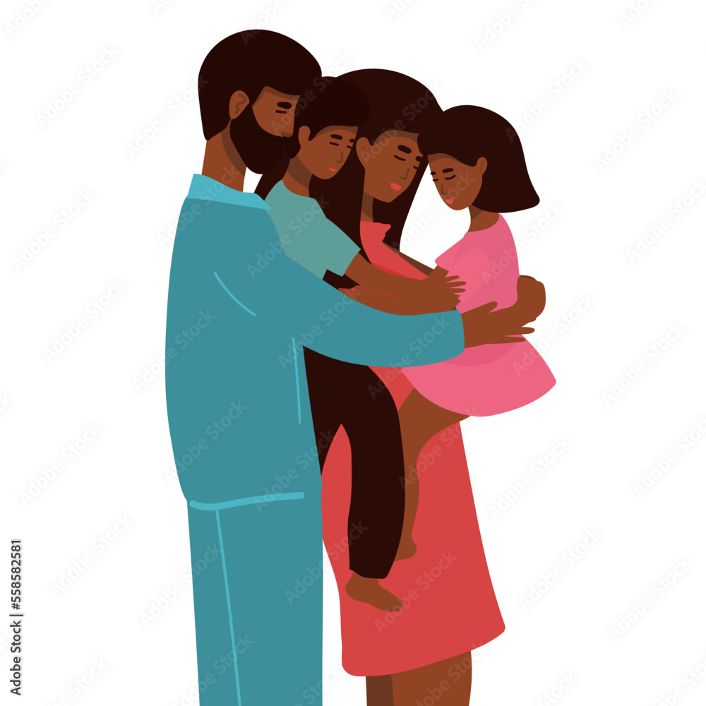 vector illustration of a happy afro american family, mother father daughter son holding hands and hugging, complete prosperous family vector vector illustration of a happy afro american family, mother father daughter son holding hands and hugging, complete prosperous family vector