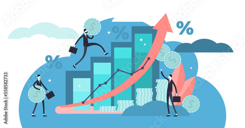 Financial forecast illustration, transparent background. Flat tiny economical persons concept. Money growth prediction and progress report.