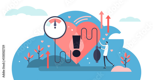 High blood pressure illustration, transparent background. Flat tiny heart disease persons concept. Medical examination and cardiology doctor checkup. Patient health risk.