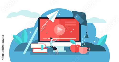 Online courses illustration, transparent background. Flat tiny person learn virtual concept. Modern knowledge development using internet training teaching. Webinar and distance lesson service.