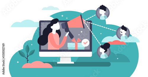 Referral illustration, transparent background. Flat tiny products promotion persons concept. New customers word of mouth engagement method. Marketing consumer audience communication service.