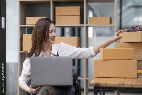 A portrait of a small startup, an SME owner, an Asian female entrepreneur checking orders to arrange the produce before packing the products in the inner boxes with the customers. Freelance concepts