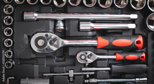Background of a toolbox. Wrenches of different sizes