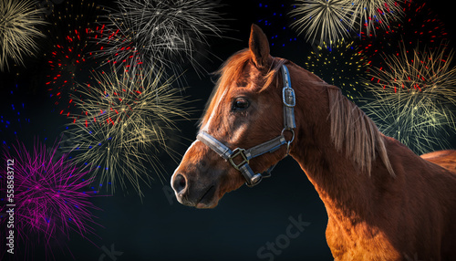 Horse against fireworks background. Celebration concept with stress and fear for the animals.  photo