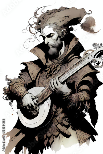 A fantasy board game card/colouring book page: Bard. Medieval musician with a lute. AI-generated photo