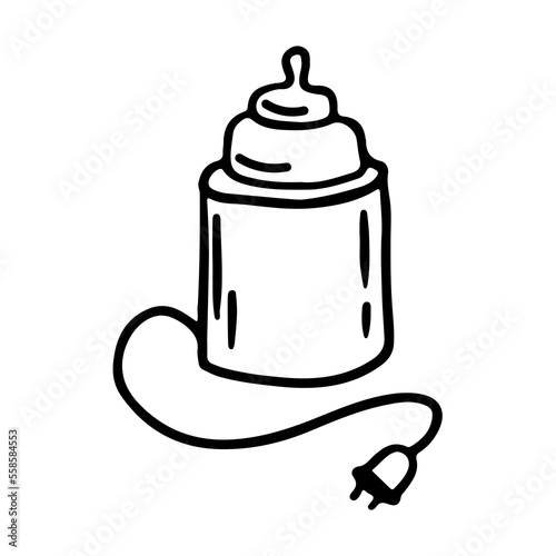 Baby bottle warmer in hand srawn doodle style. Vector sketch icon. Maternity and special device.