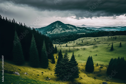 Wide view of an overcast sky and green slopes with trees. Generative AI